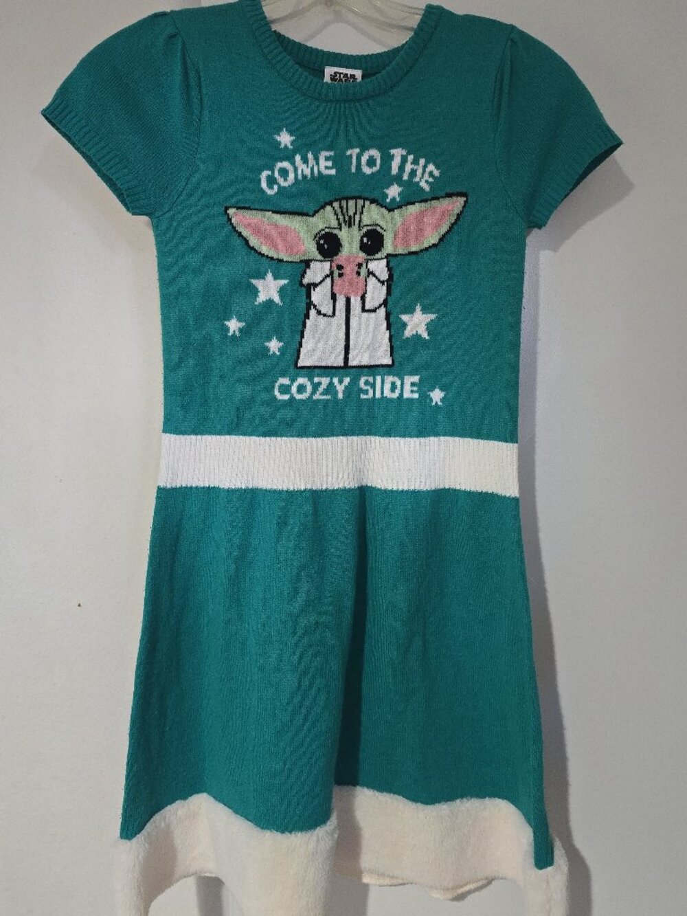 Star Wars Grogu Baby Yoda Girls Sweater Dress Size L 10-12 Green Fur Trim